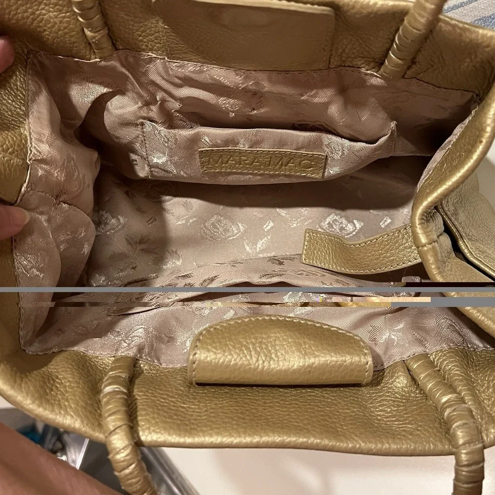 Mara Mac Brazil Y2K Gold Pebbled Leather Satchel Tote Bag Pockets Tassel Luxury